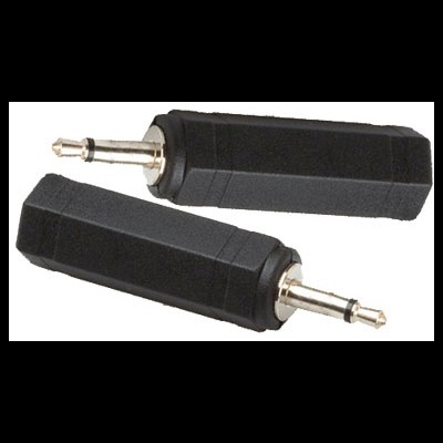 Duas peças pretas de adaptadores jack de áudio com extremidades metálicas prateadas