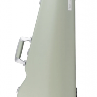 Estojo rígido verde claro para instrumento musical com alça branca e etiqueta '5mm'