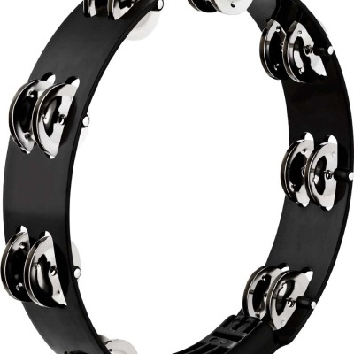 Tamborim de mão preto com discos metálicos prateados