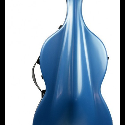 Estojo rígido azul para violoncelo com etiqueta holográfica.