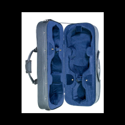 Estojo azul para violino aberto, com interiores em veludo azul e alça lateral.