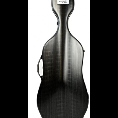 Estojo rígido preto para violoncelo com etiqueta branca