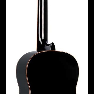 Guitarra clássica preta vista de trás com acabamento brilhante