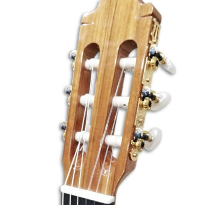 Cabeça de guitarra clássica de madeira clara com tarraxas douradas e botões brancos