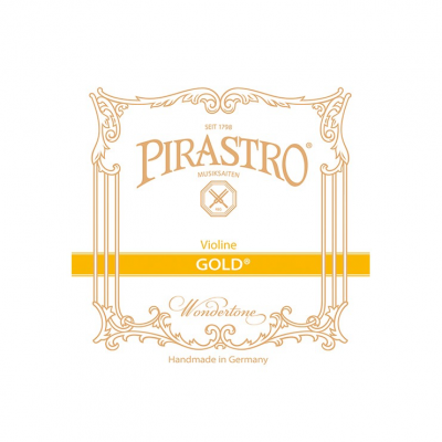 Embalagem de cordas de violino PIRASTRO GOLD® com texto e decoração dourada