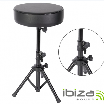 Banco ajustável com assento redondo preto e tripé metálico preto com logotipo Ibiza Sound