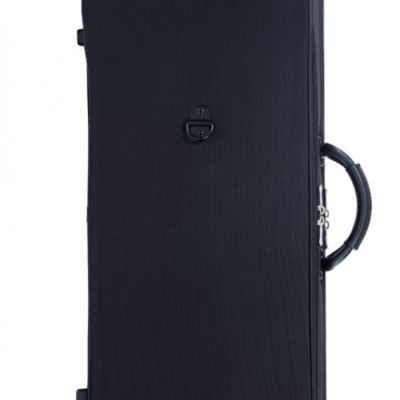 Estojo rígido preto para instrumento musical com fechos metálicos e alças de transporte
