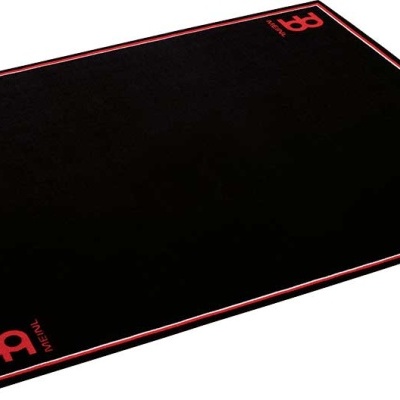Tapete preto para bateria eletrónica com bordas vermelhas e logótipos Meinl Cymbals