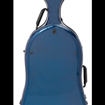 Estojo rígido azul para violoncelo com alças pretas e fechos metálicos