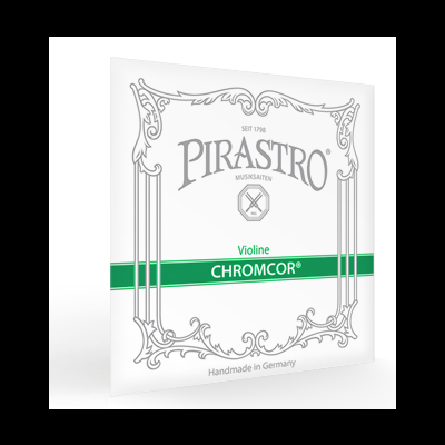 Embalagem branca para cordas de violino PIRASTRO com faixa verde e texto decorativo