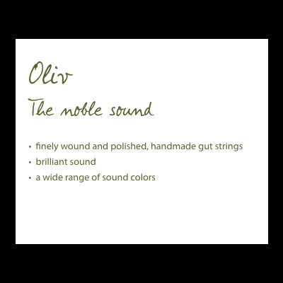 Texto promocional em inglês sobre cordas de tripa feitas à mão para instrumentos musicais