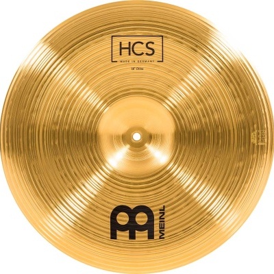 Prato de bateria dourado com texto HCS MADE IN GERMANY e logótipo MEINL