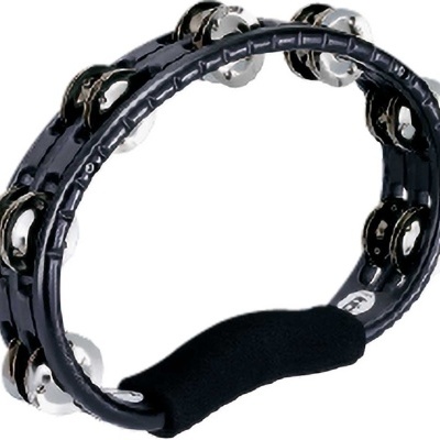 Pandeireta preta com címbalos prateados e pega acolchoada