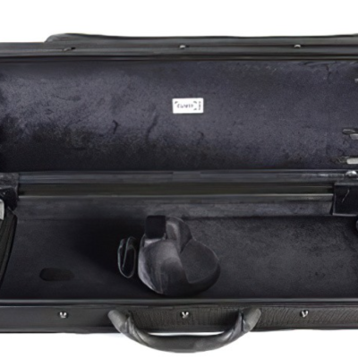 Estojo rígido preto para violino com interior cinza e compartimentos para acessórios