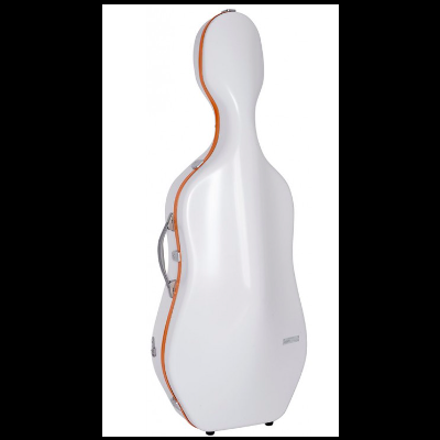 Estojo para violoncelo branco com detalhes laranja e alça cinzenta