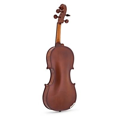 Violino castanho de madeira visto de costas em fundo branco