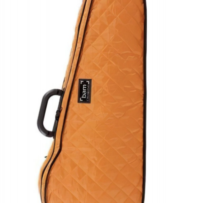 Estojo acolchoado laranja com padrão de linhas diagonais e asa preta