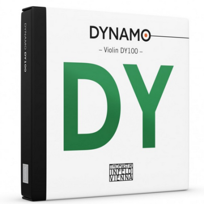 Embalagem branca com texto Dynamo Violin DY100 e logo Thomastik-Infeld Vienna