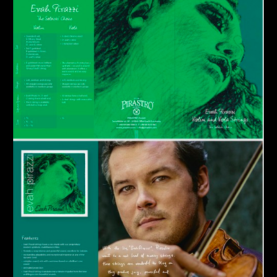 Embalagem verde de cordas para viola e músico a tocar viola