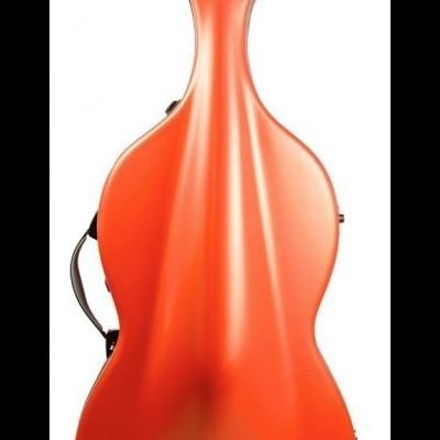 Estojo rígido laranja para violoncelo com etiqueta holográfica