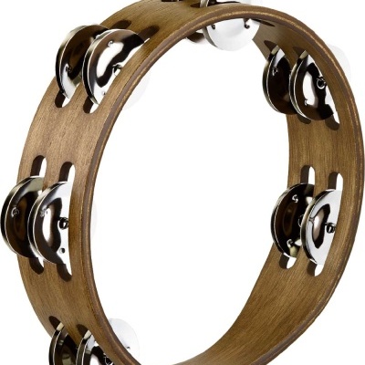 Tamborim de madeira com armação circular e colchetes metálicos prateados