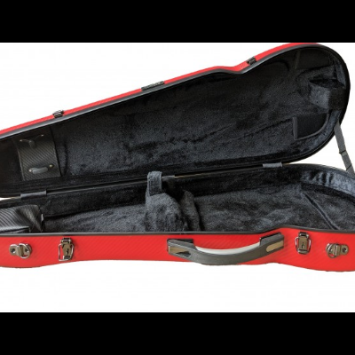 Estojo rígido vermelho para violino com interior preto acolchoado