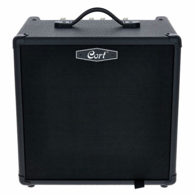 Amplificador preto para guitarra ou baixos da marca Cort com pega superior