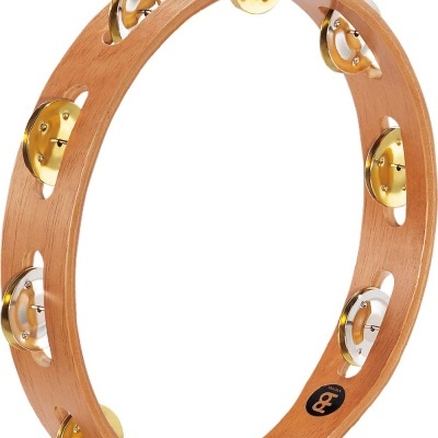 Pandeireta de madeira com címbalos de metal dourado