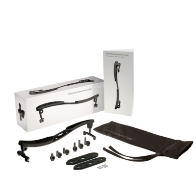 Conjunto de apoio para ombro de violino preto com peças e saco, embalagens brancas com texto