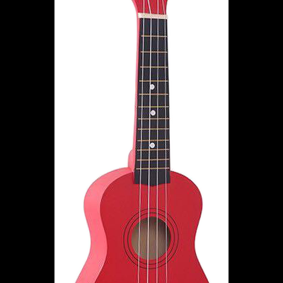 Ukulele vermelho com cordas brancas e inscrição Ma-Kai