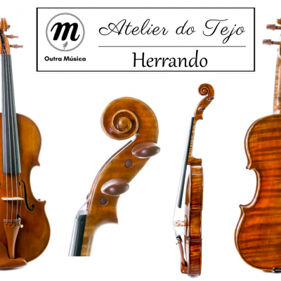 Quatro vistas de violino em madeira castanho com textura, texto Atelier do Tejo Herrando