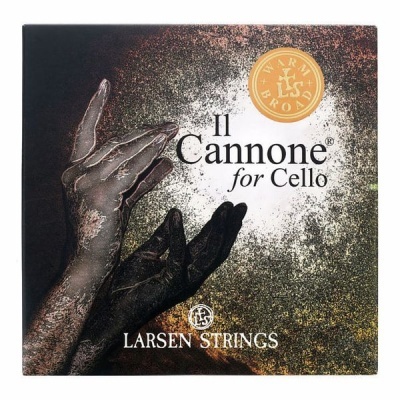 Caixa de cordas Il Cannone for Cello da Larsen Strings com imagem de mãos em fundo preto brilhante.