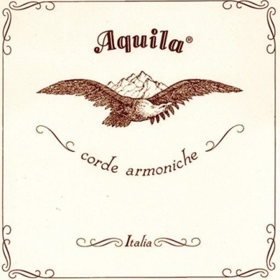 Embalagem de produto com desenho de águia e texto Aquila corde armoniche Italia