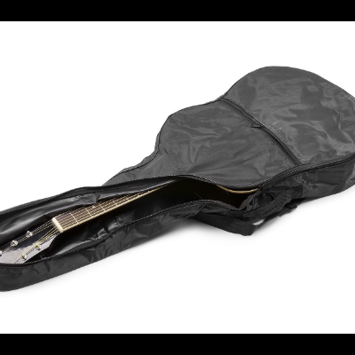 Capa preta para guitarra com zíper aberta mostrando guitarra