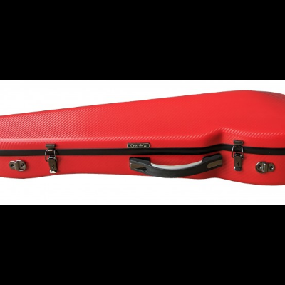 Estojo rígido vermelho para violino com fechos pretos e alça.