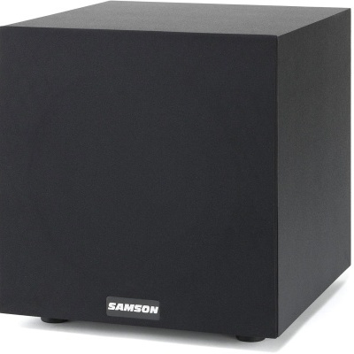 Coluna subwoofer preta cúbica com logótipo Samson