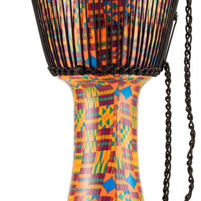 Djembe colorido com padrão geométrico e cordas pretas