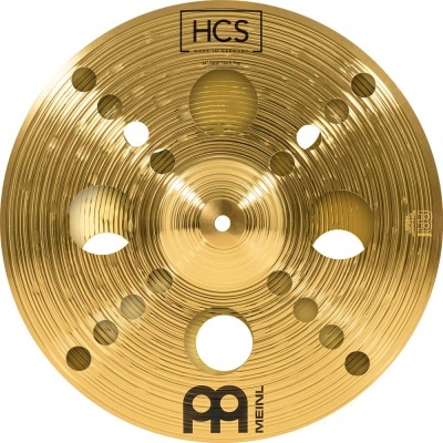 Prato de bateria dourado com furos e inscrições HCS e MEINL