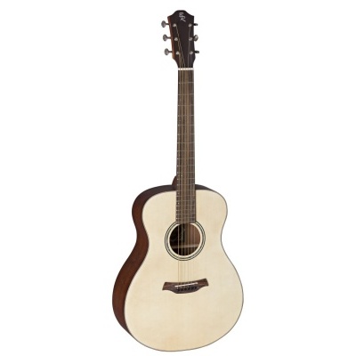 Guitarra acústica em madeira clara e escura com seis cordas e logotipo branco no cabeçote