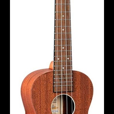 Ukelele de madeira castanha com quatro cordas e tarraxas pretas.