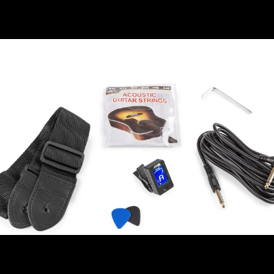 Acessórios para guitarra acústica incluindo correia preta, cordas, afinador digital, palhetas e cabo de áudio