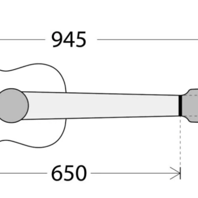 Diagrama técnico a preto e branco de uma guitarra com medidas 945 e 650.