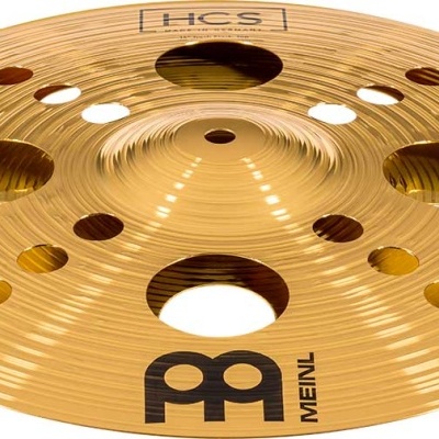 Prato de bateria dourado com orifícios e logotipo Meinl