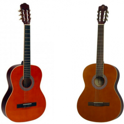 Duas guitarras clássicas uma laranja-avermelhada e outra castanho claro em fundo branco