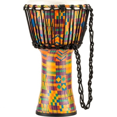 Tambor djembe colorido com padrão quadriculado e cordas pretas