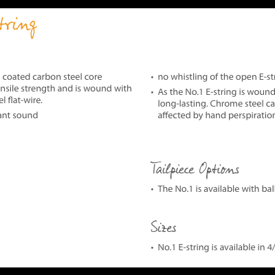 Texto técnico sobre corda de violino No.1 em fundo branco