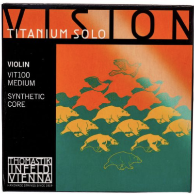 Embalagem de cordas para violino VISION TITANIUM SOLO com ilustração colorida e texto da marca