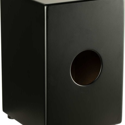 Caixa de madeira preta com buraco circular no painel frontal