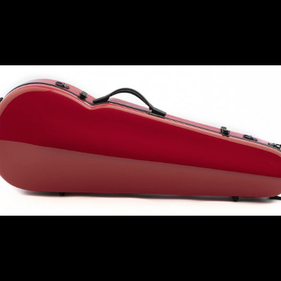 Estojo rígido vermelho para violino com alça preta e fechos metálicos