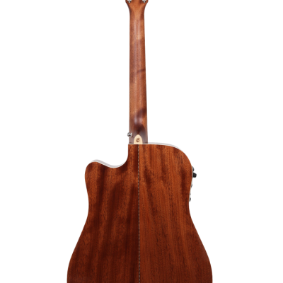 Guitarra acústica de madeira castanha vista de trás